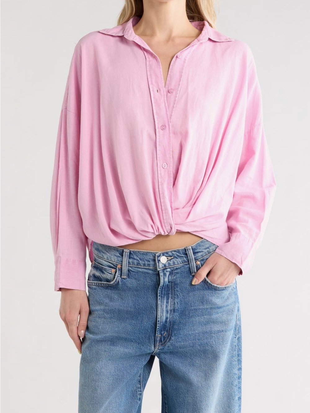 Young Fabulous & Broke Pink linen blend tourist Twist-Hem Button Down Shirt